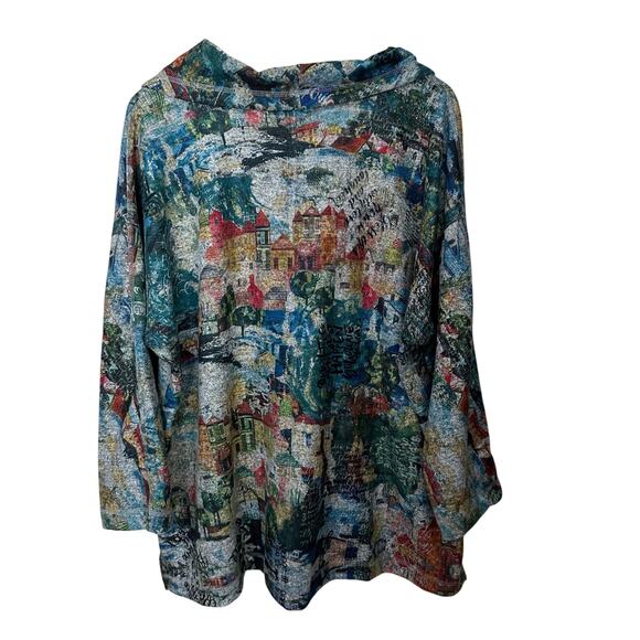 Ali Miles Brushed‎ Knit Cowl Neck Tunic Top Abstract Village Print Womens 2X Art - Picture 3 of 6
